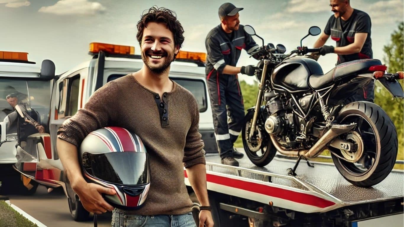 uomo sorridente usufruisce di un servizio di soccorso per moto